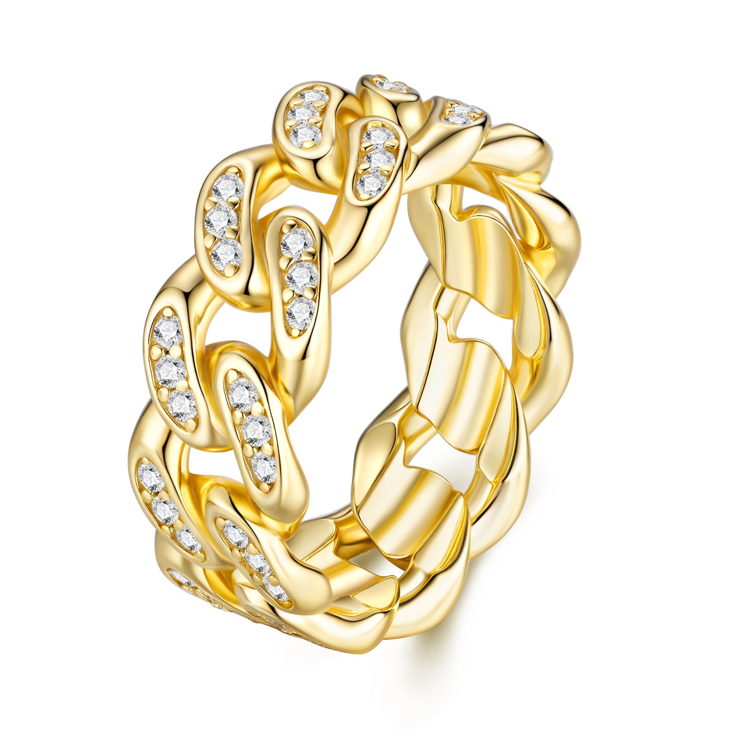 Gold-Plated S925 Silver Moissanite Chain Ring on white background