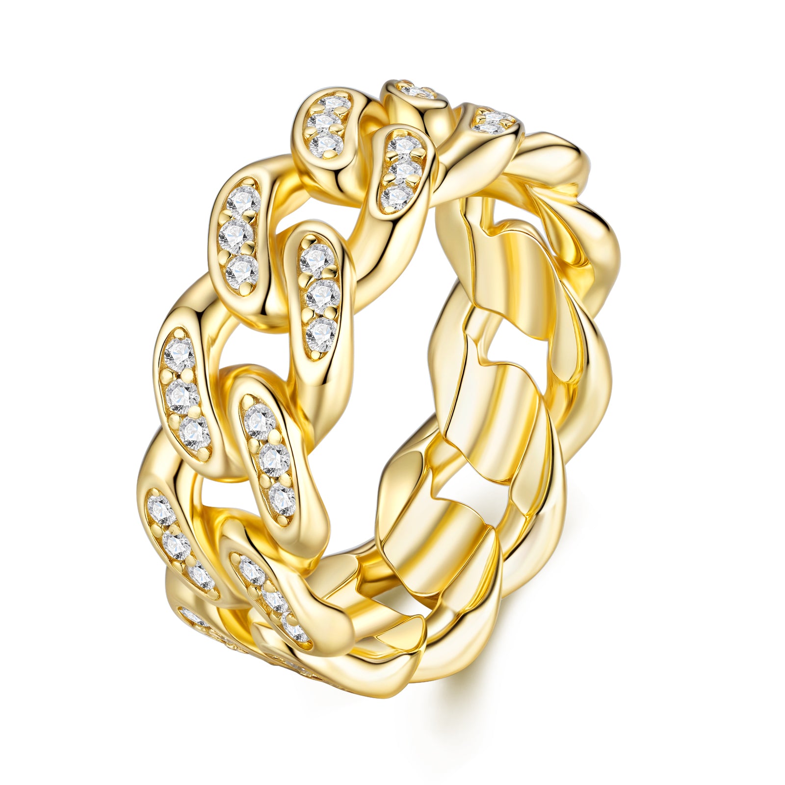 Gold-Plated S925 Silver Moissanite Chain Ring on white background
