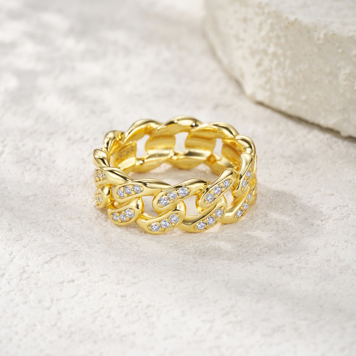 Gold-Plated S925 Silver Moissanite Chain Ring on cloth background