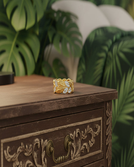 Gold-Plated S925 Silver Moissanite Leaf Band Ring on nightstand