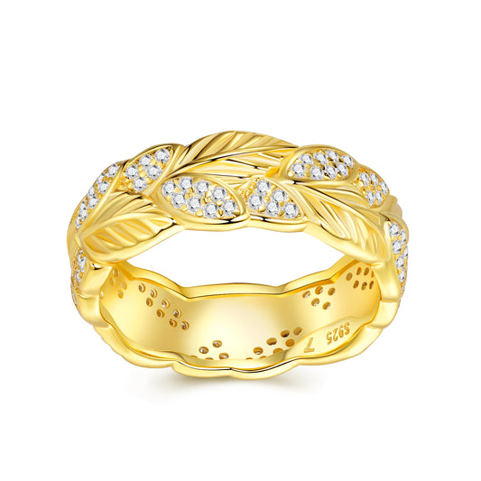 Gold-Plated S925 Silver Moissanite Leaf Band Ring on white background