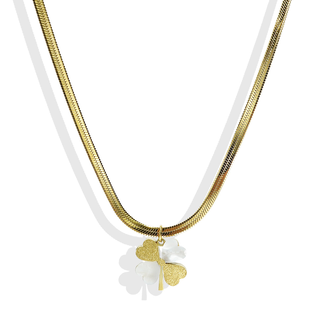 Gold necklace with a white flower pendant on a white background