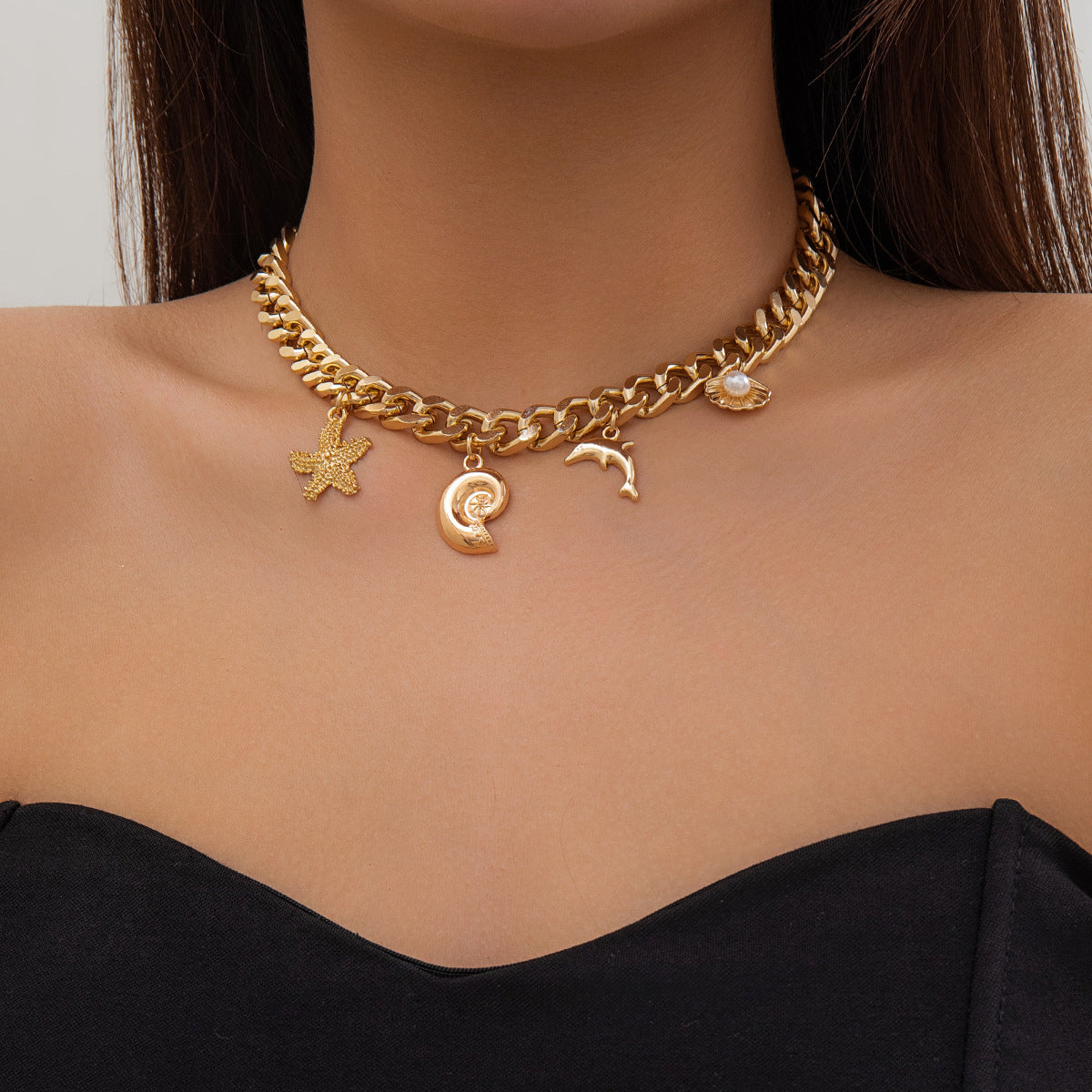 Woman wearing Gold Boho Ocean Charm Choker Necklace 