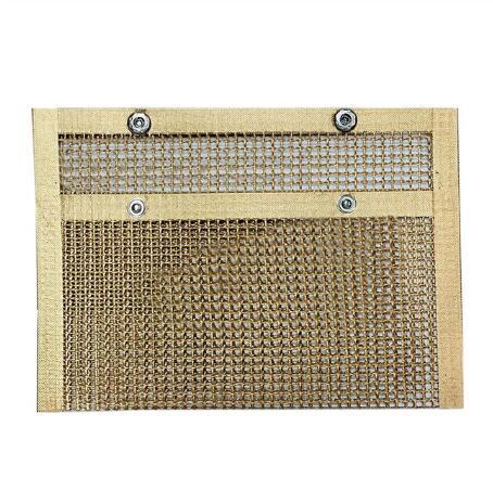 Textured beige panel with metal mesh and fasteners on a white background