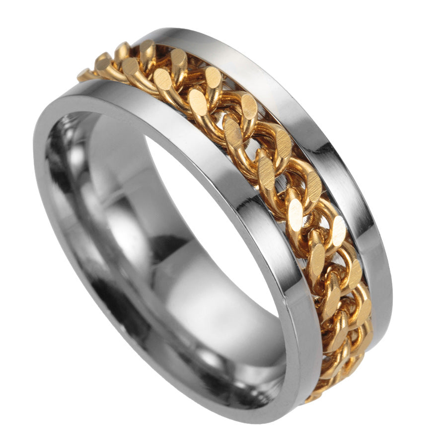 Two gold and silver rings with chain design on a white background
