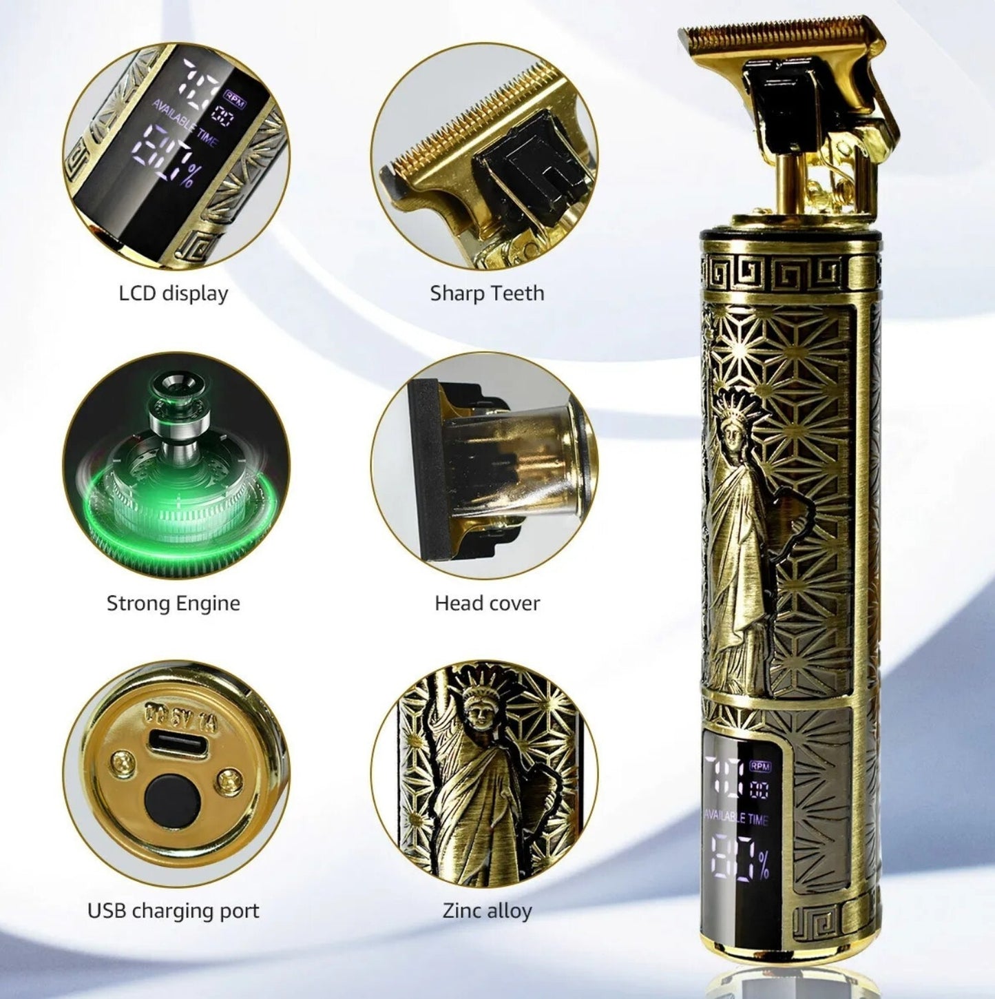 Gold electric shaver with features highlighted on a white background
