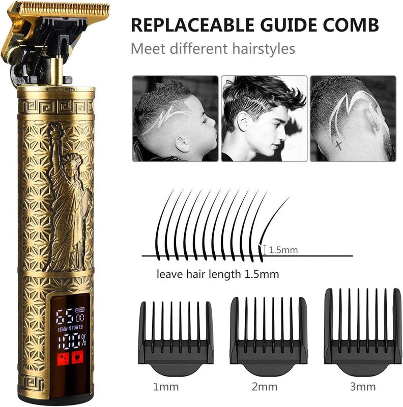 Gold hair trimmer with interchangeable combs and hair length illustrations on a white background