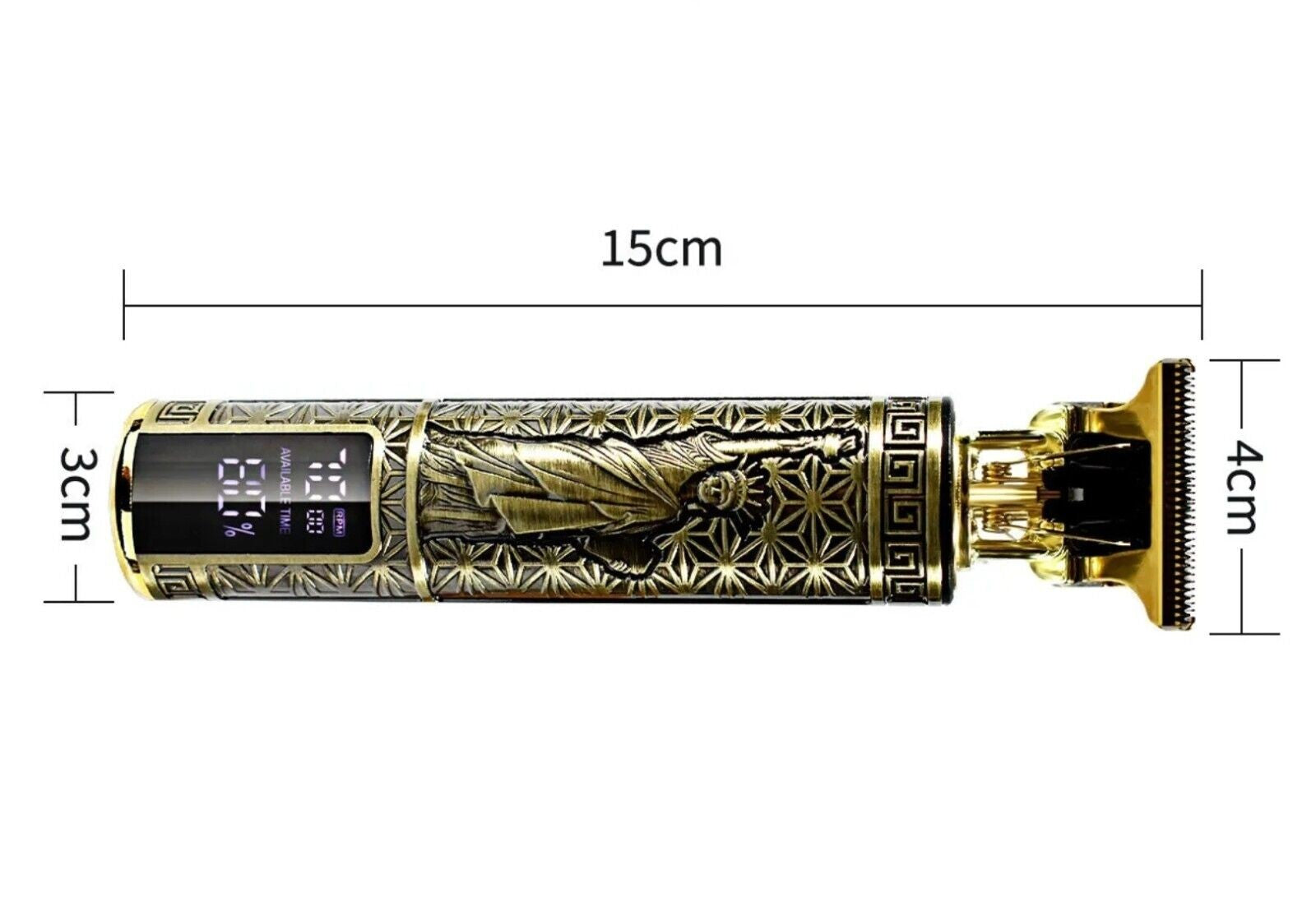 Gold and black electronic device with digital display, decorative patterns, and measurements on a white background.