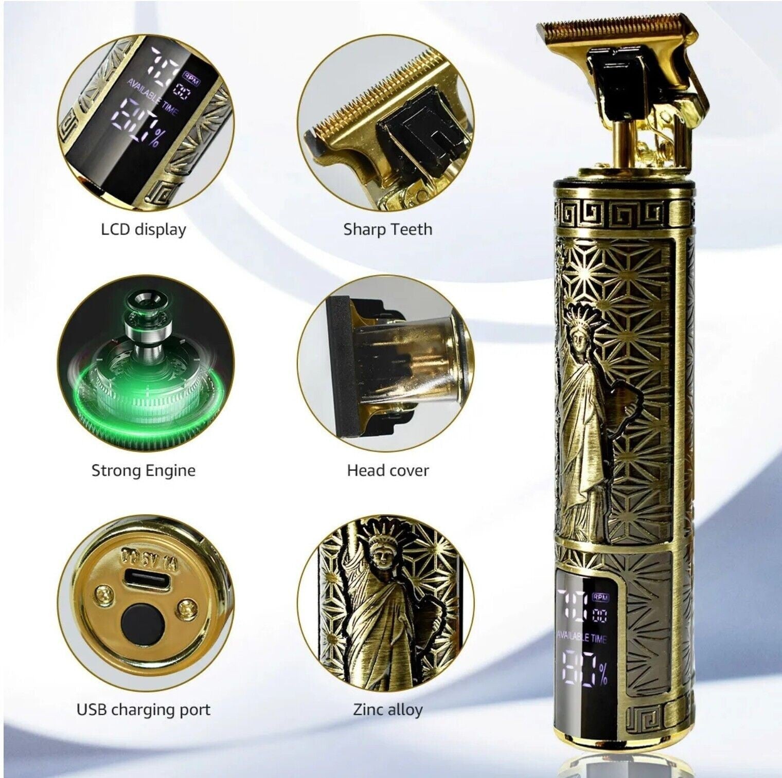 Gold electric shaver with features highlighted on a white background