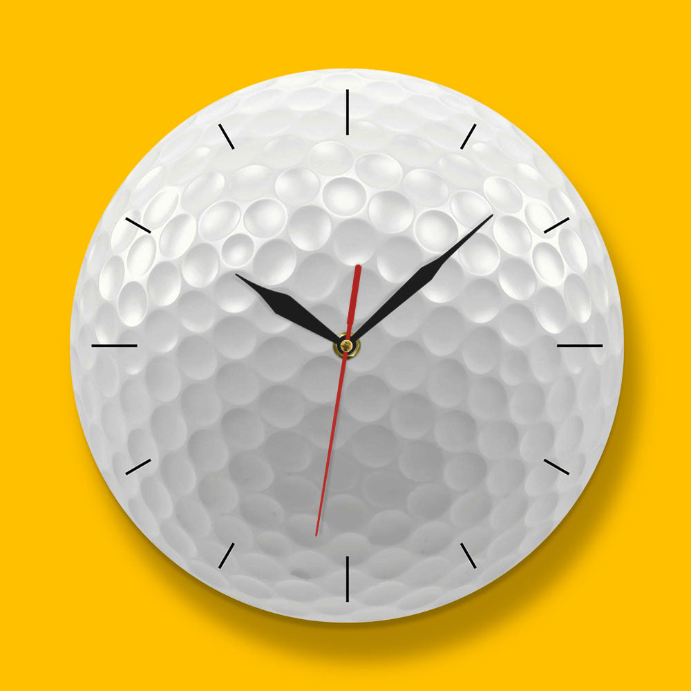 Golf ball-themed clock on a yellow background