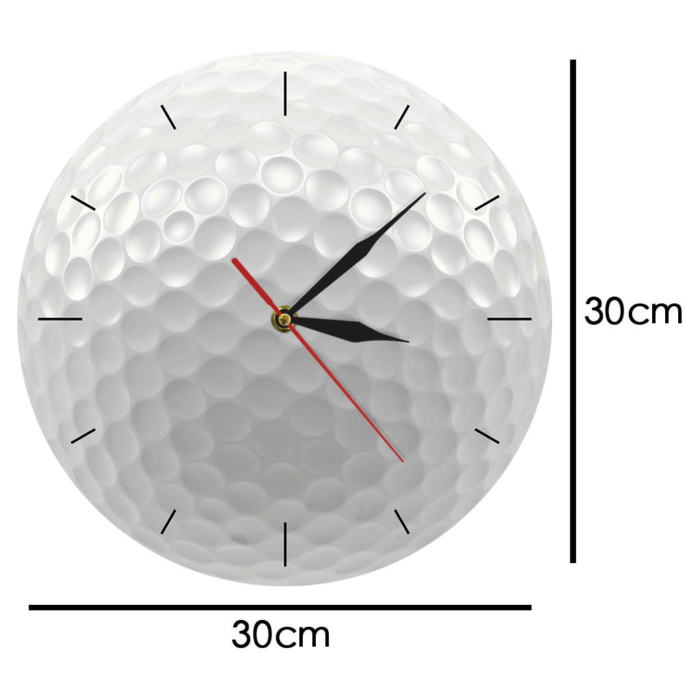 Golf ball-shaped clock with measurement details on a white background
