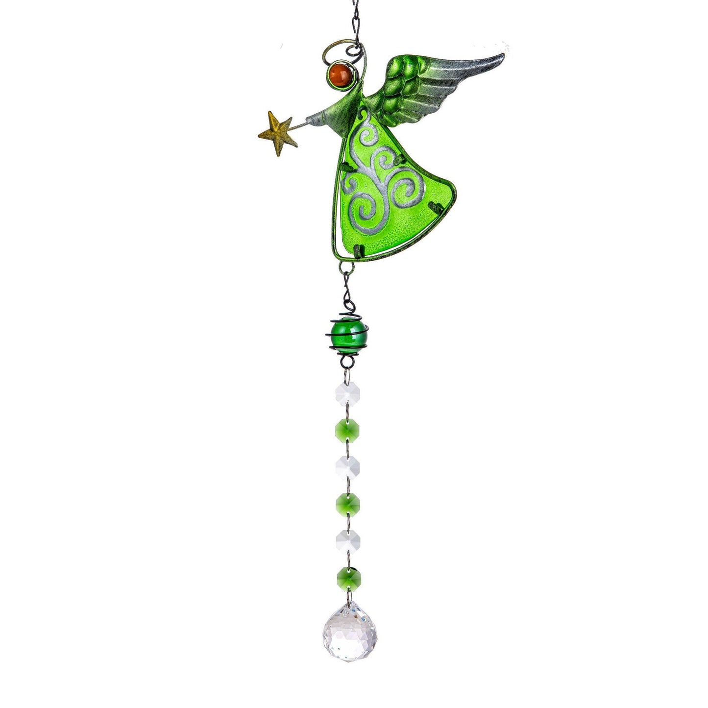 Decorative angel wind chime with green dress and beads on a white background