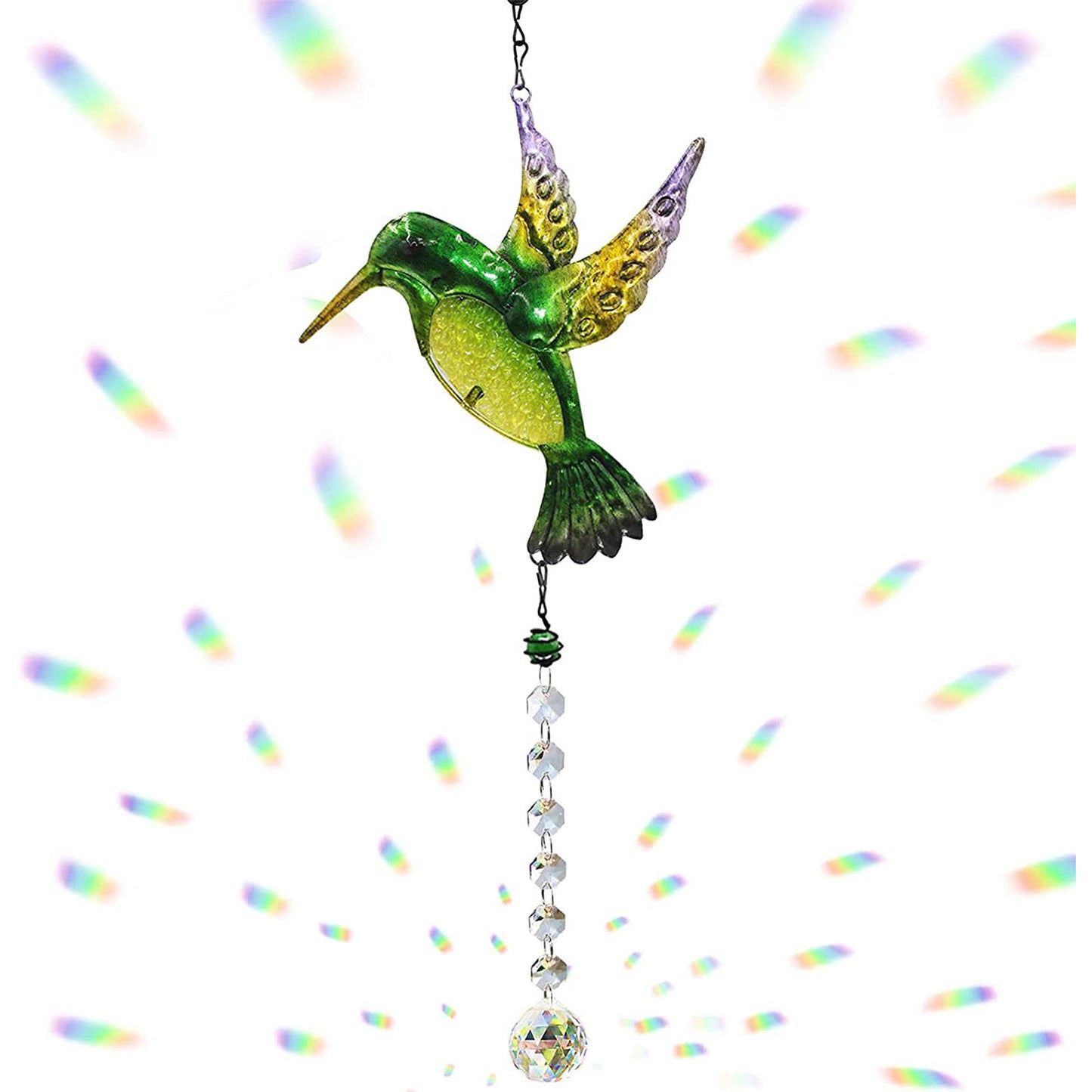 Decorative hummingbird wind chime with crystal beads on a white background