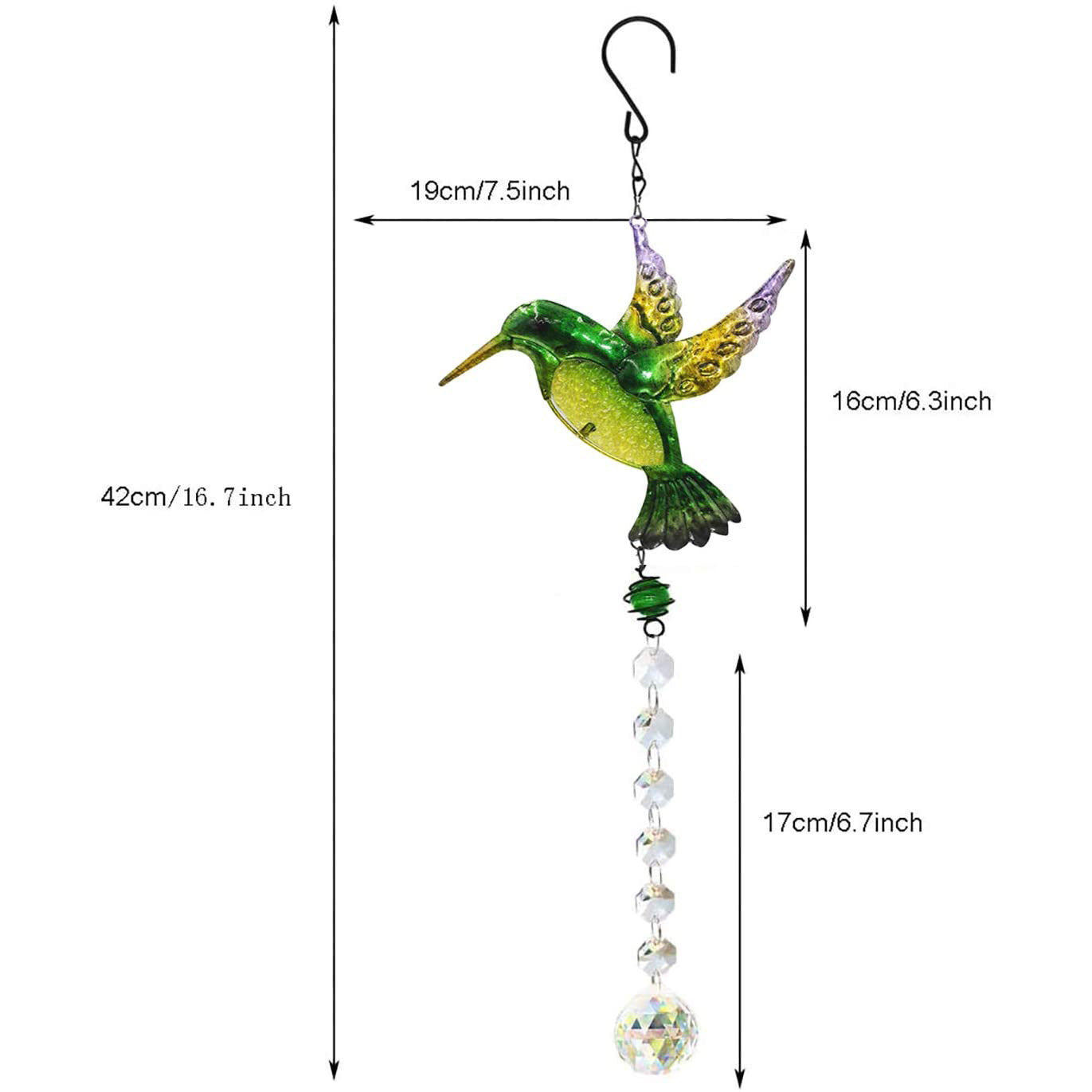 Hummingbird-shaped decorative hanging ornament with measurements on a white background