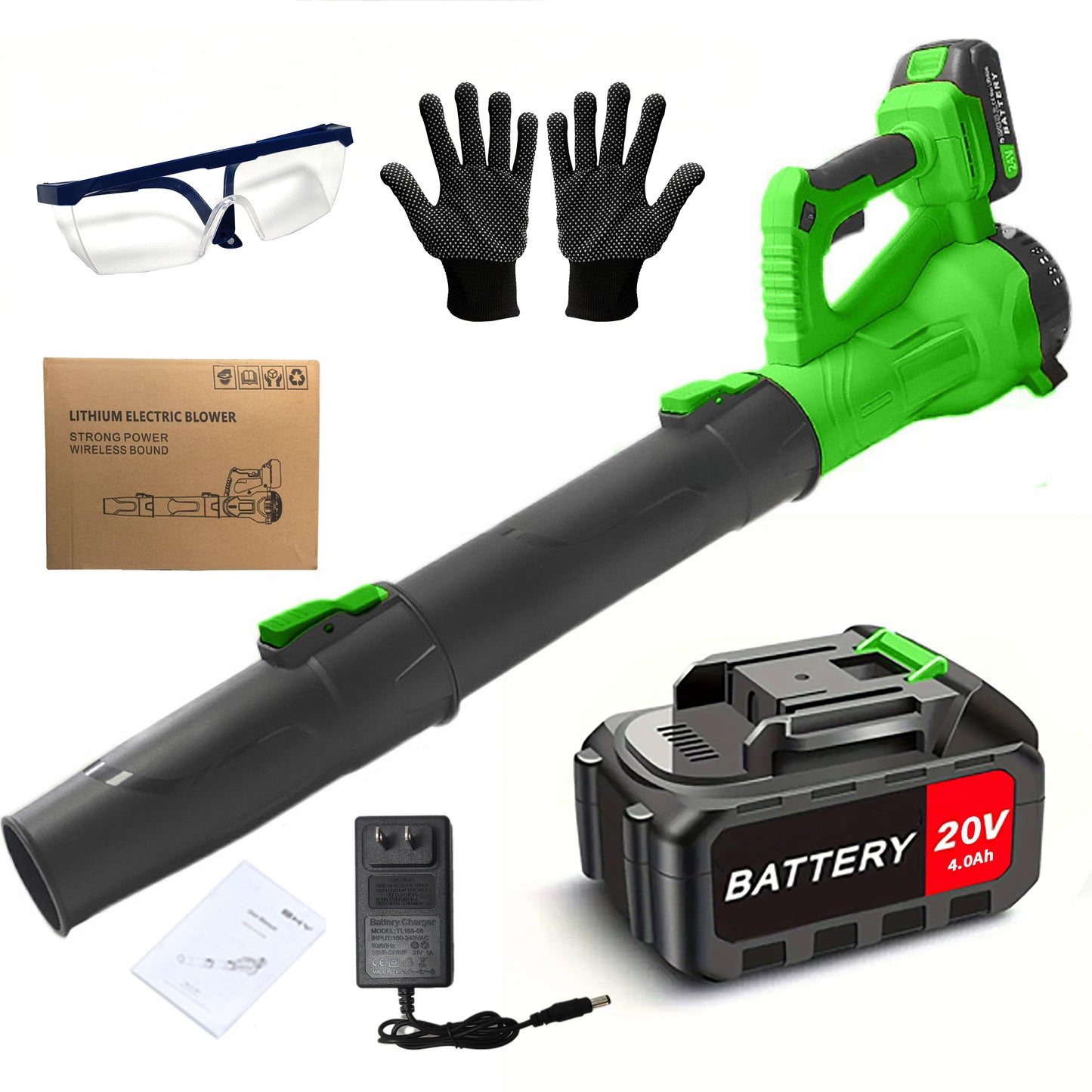 Green and black battery-powered leaf blower with accessories on a white background