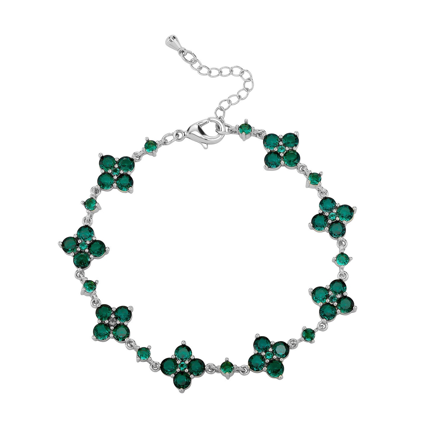 Silver bracelet with green gemstones on a white background
