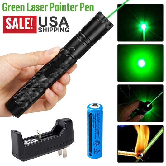 Green laser pointer pen with battery and charger, hand holding it, and laser light effects.