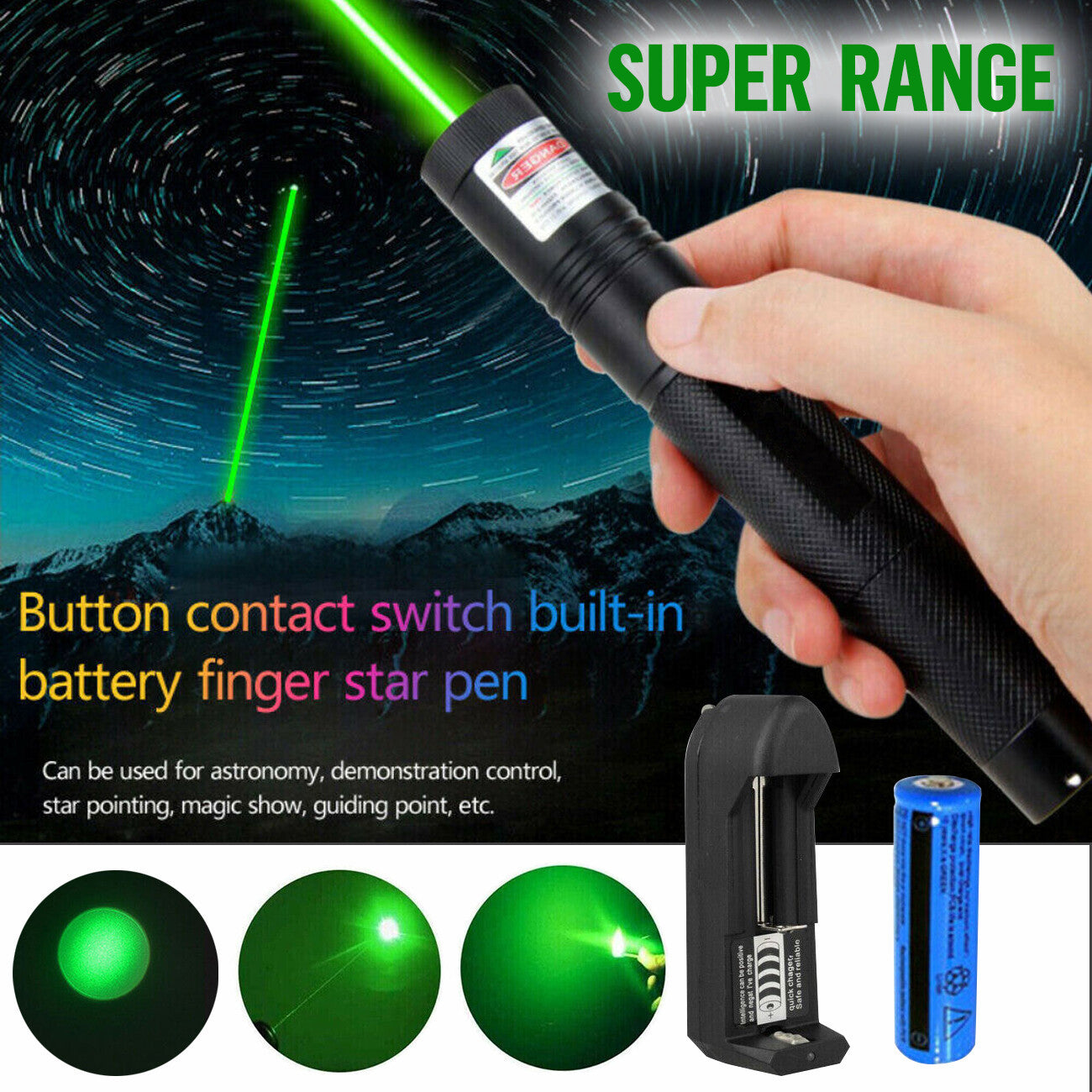 Green laser pointer with battery and charger, held by a hand against a mountainous night sky.