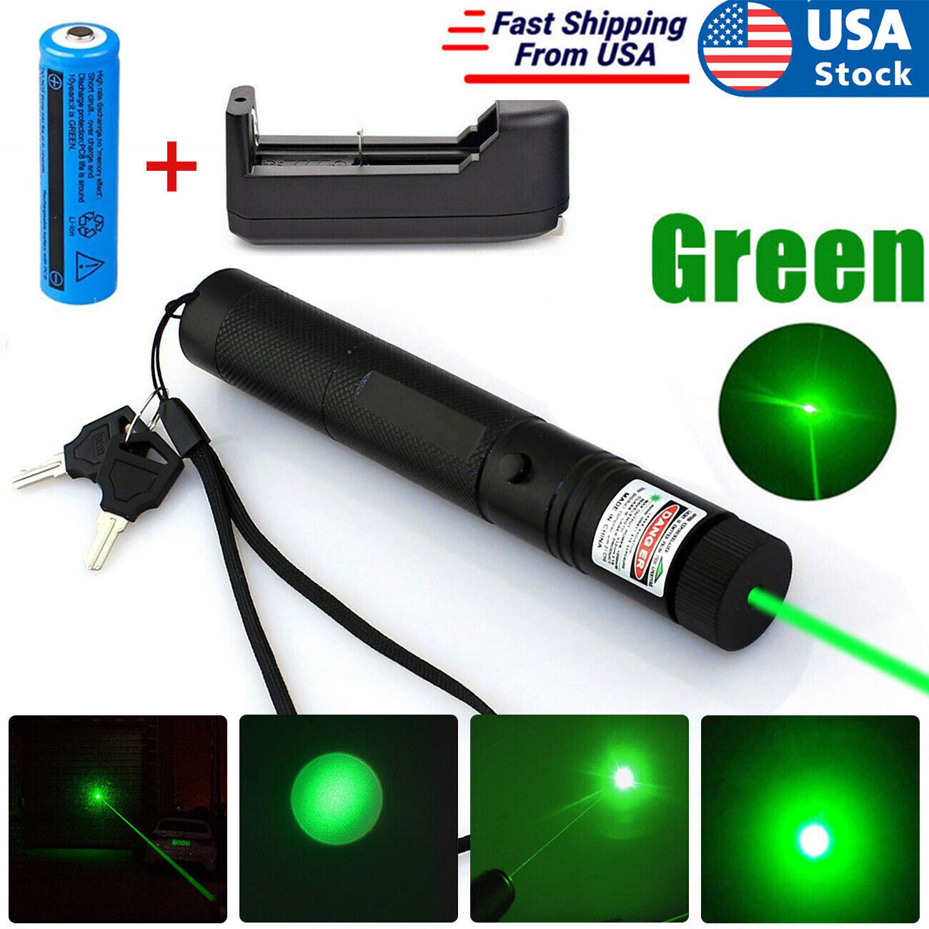 Green laser pointer with battery, charger, and demonstration images on a white background