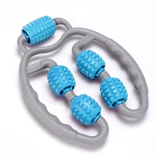 Gray and blue massage roller on a white background