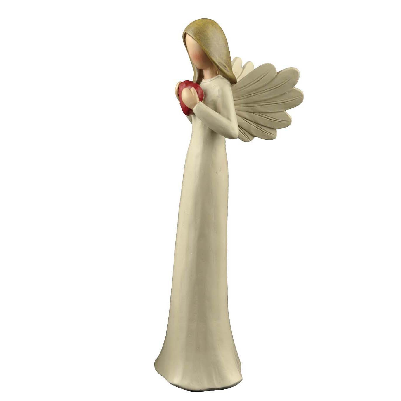 Statue of an angel holding a red heart on a white background