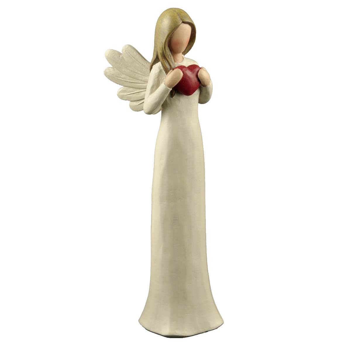 Angel figurine with outstretched wings holding a red heart on a white background