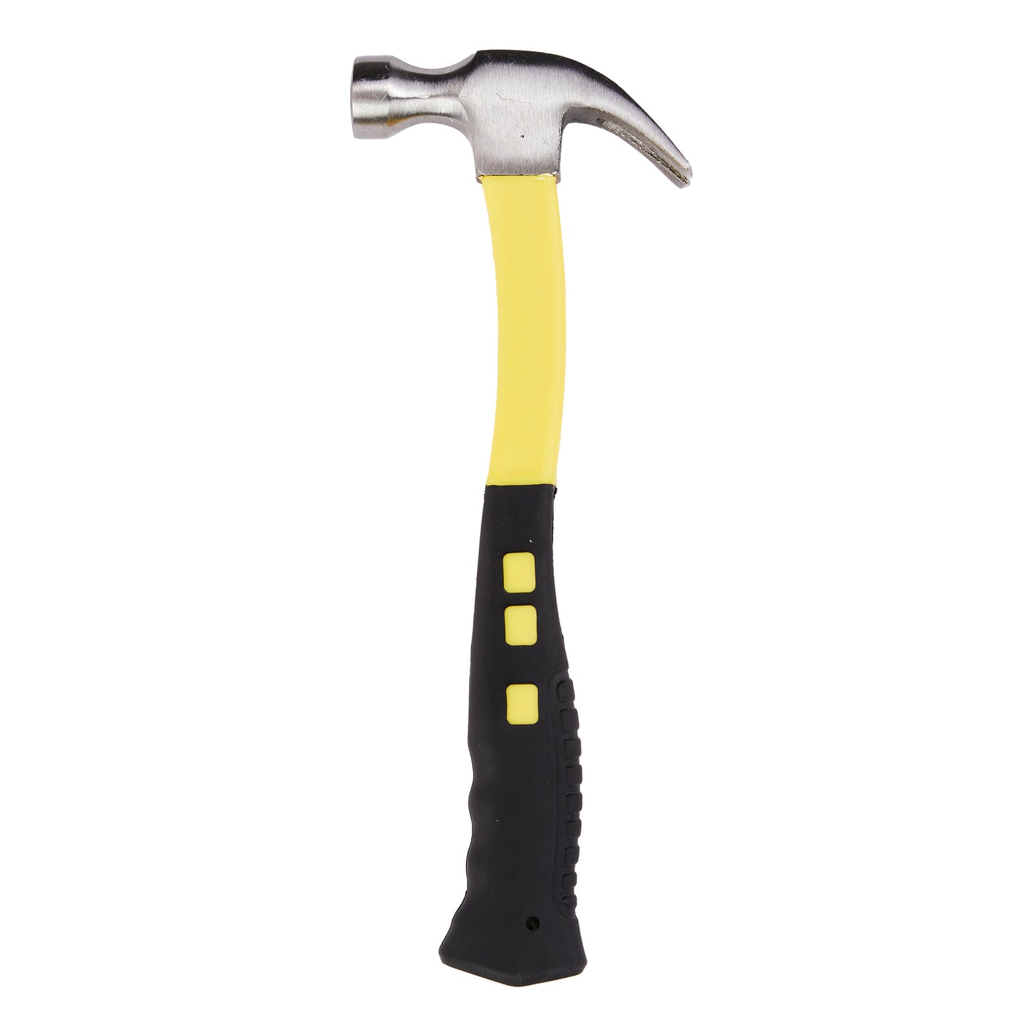 Hammer with a yellow and black handle on a white background