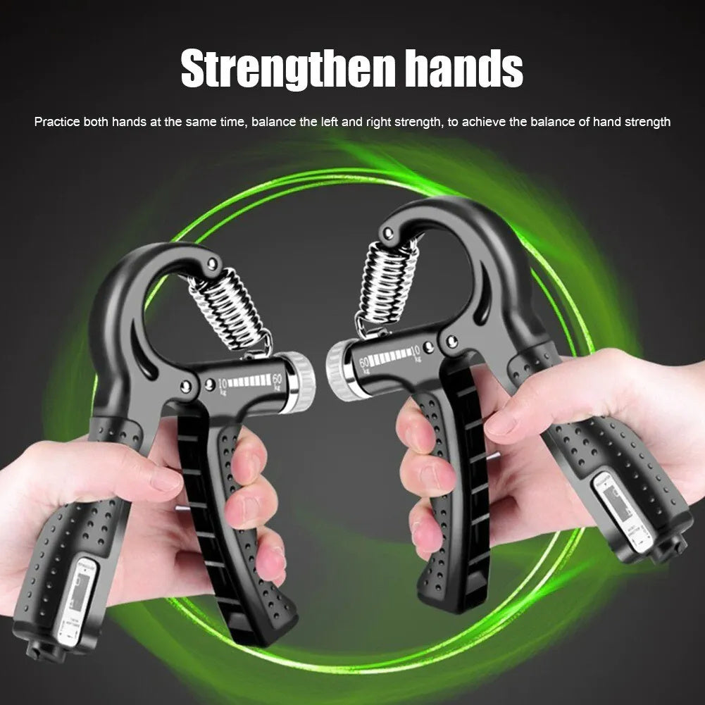 Hand grip strengthener with text on a dark background