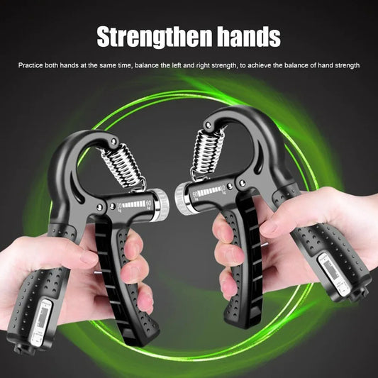 Hand grip strengthener with text on a dark background