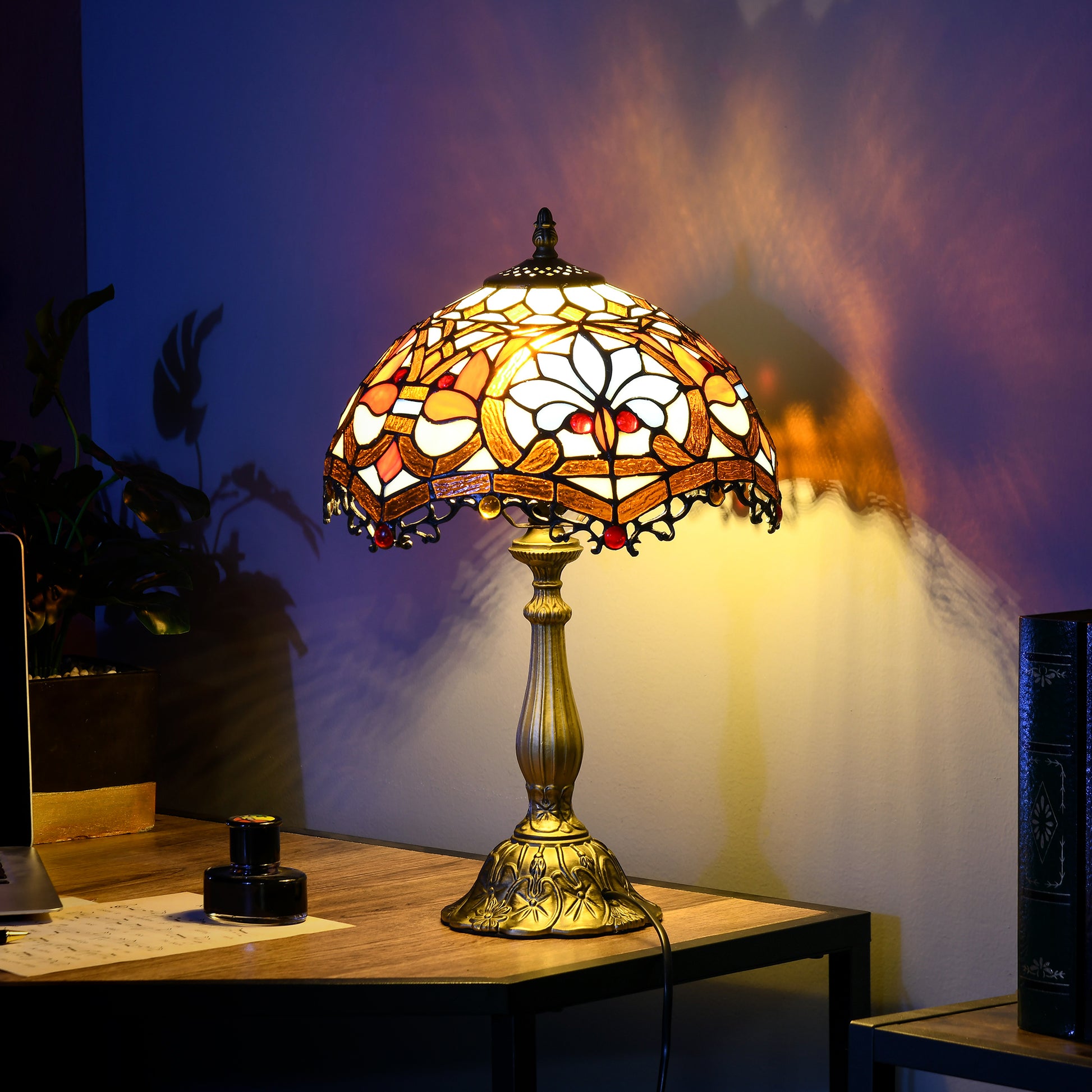 Handcrafted Stained Glass Table Lamp with Floral Shade on table