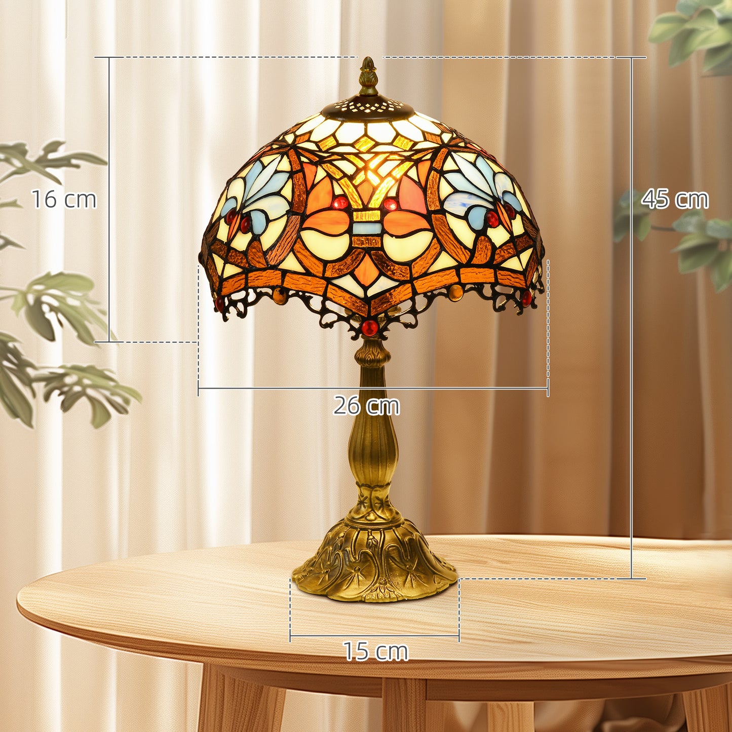 Handcrafted Stained Glass Table Lamp with Floral Shade on table with measurements
