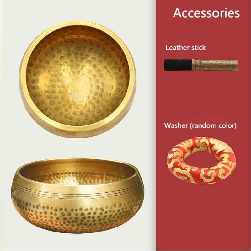 Handmade-Nepalese-singing-bowl-for-chakra Two brass bowls and accessories on a white and red background