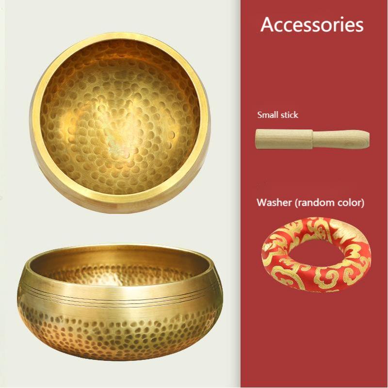 Handmade-Nepalese-singing-bowl-for-chakra Two brass singing bowls with a small stick and washer on a red background labeled 'Accessories'.