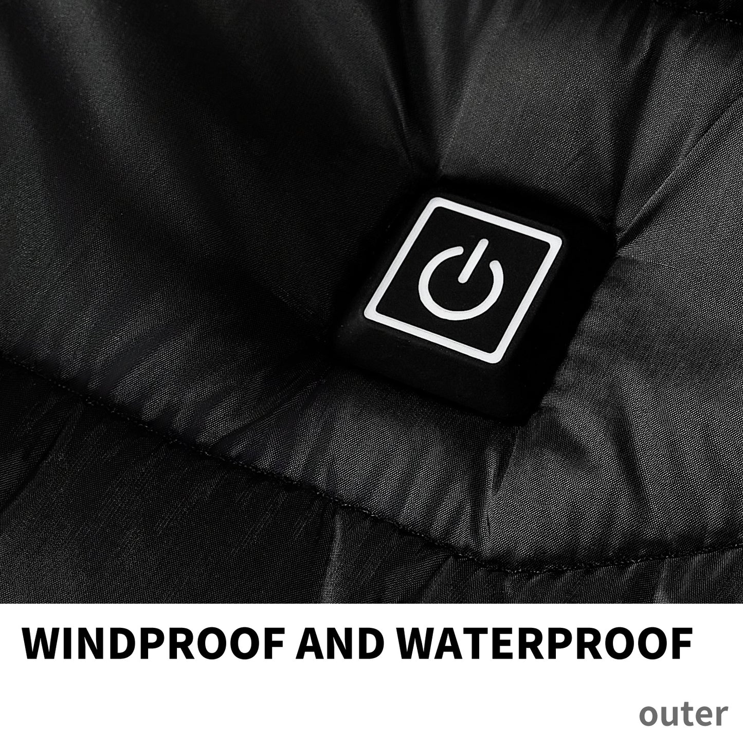 Close-up of a black jacket with a windproof and waterproof label on a dark background.