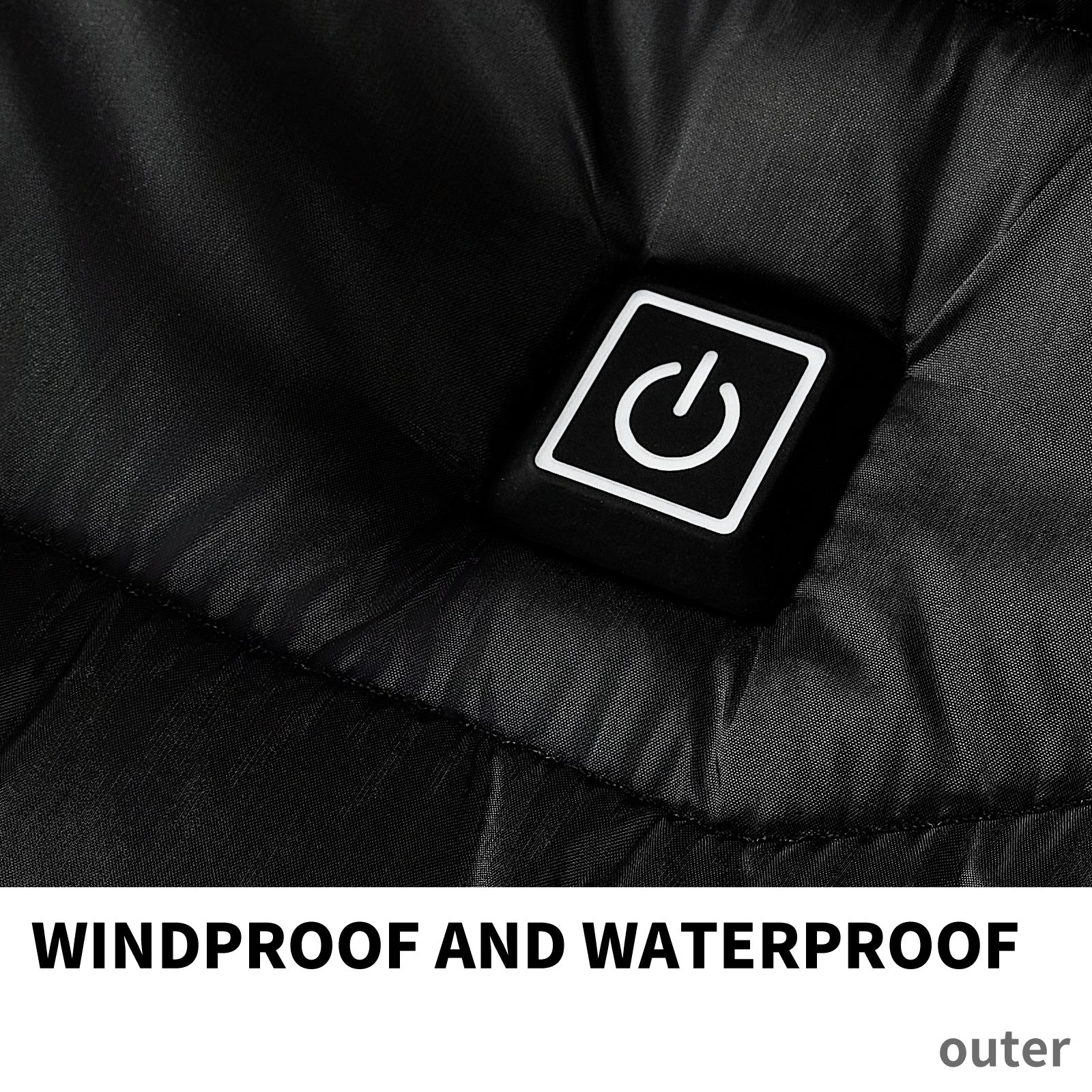 Close-up of a black jacket with a windproof and waterproof label on a dark background.