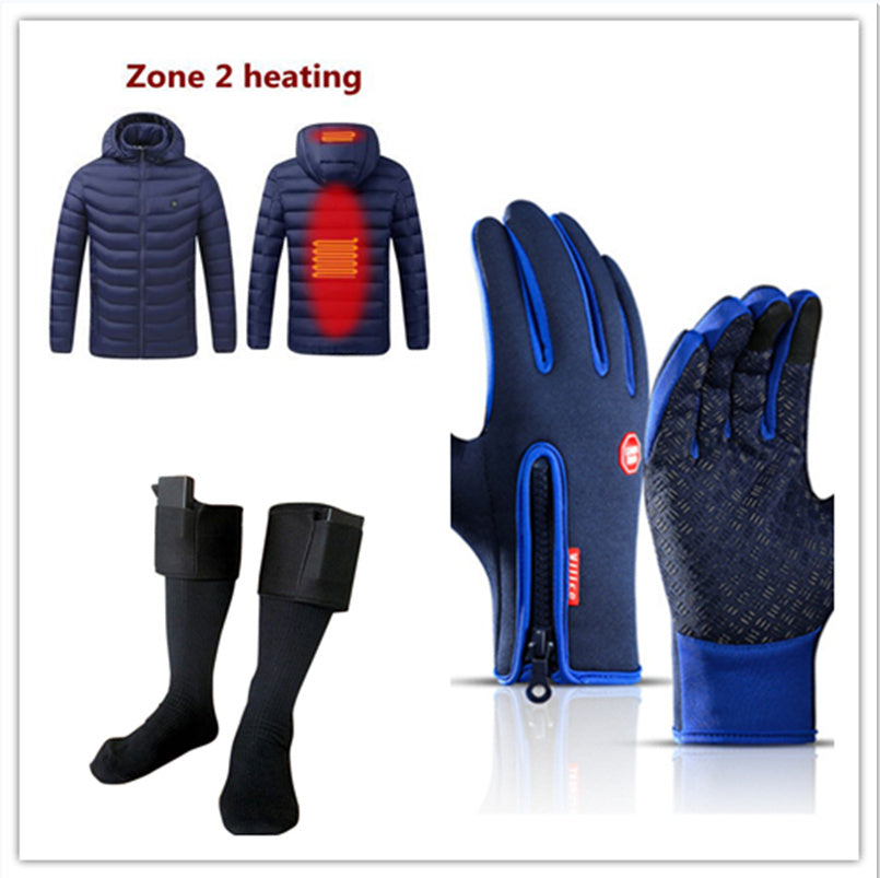 Heated jacket, gloves, and socks with zone 2 heating indicator on a white background