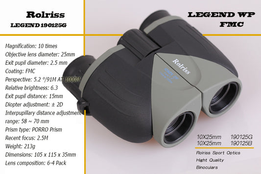 Binoculars with detailed specifications on a white background