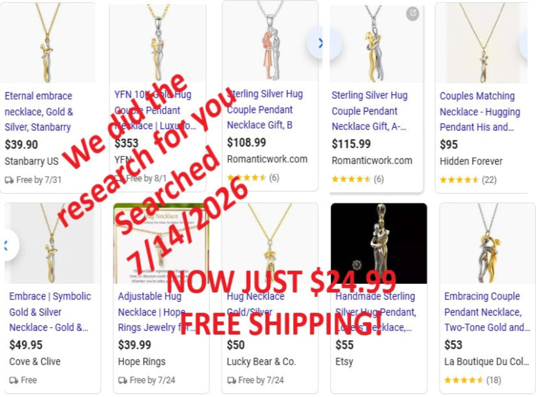 A screenshot of an online jewelry store page showing multiple gold and silver couple necklaces with prices, product titles, and a large red diagonal text overlay reading 'We do research to search for you NOW JUST $24.99 FREE SHIPPING!'.