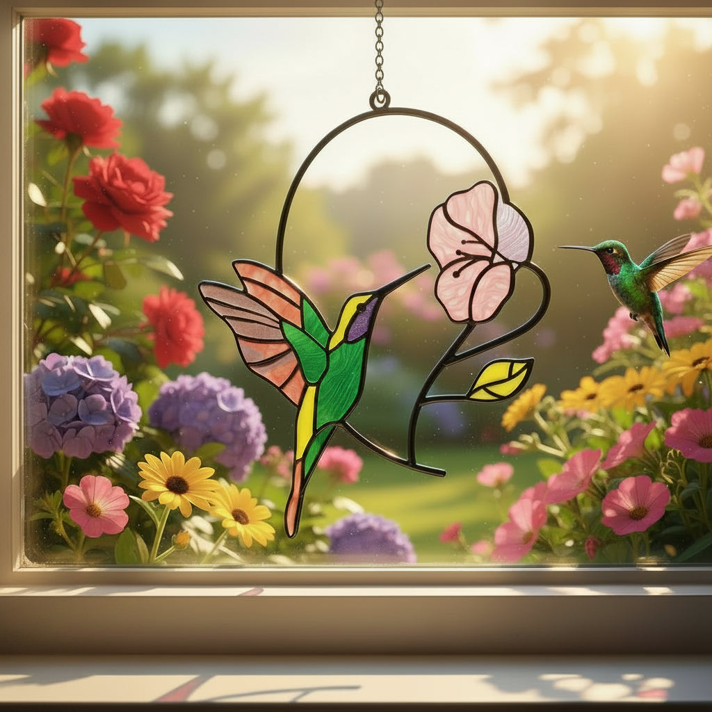 Hummingbird Suncatcher in window with view of flowers and real hummingbird