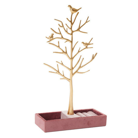 Gold tree-shaped jewelry stand with birds on a white background