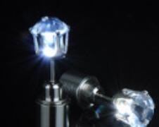 Pair of diamond-shaped earrings with clear gemstones on a black background