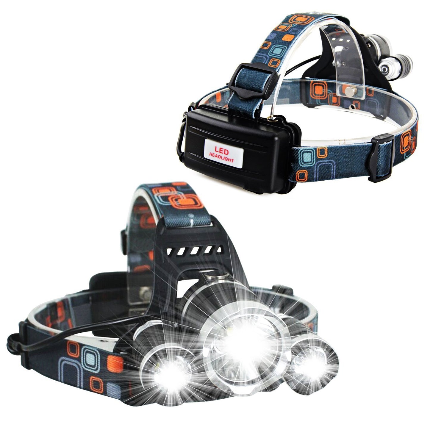 Two headlamps with LED lights on a white background