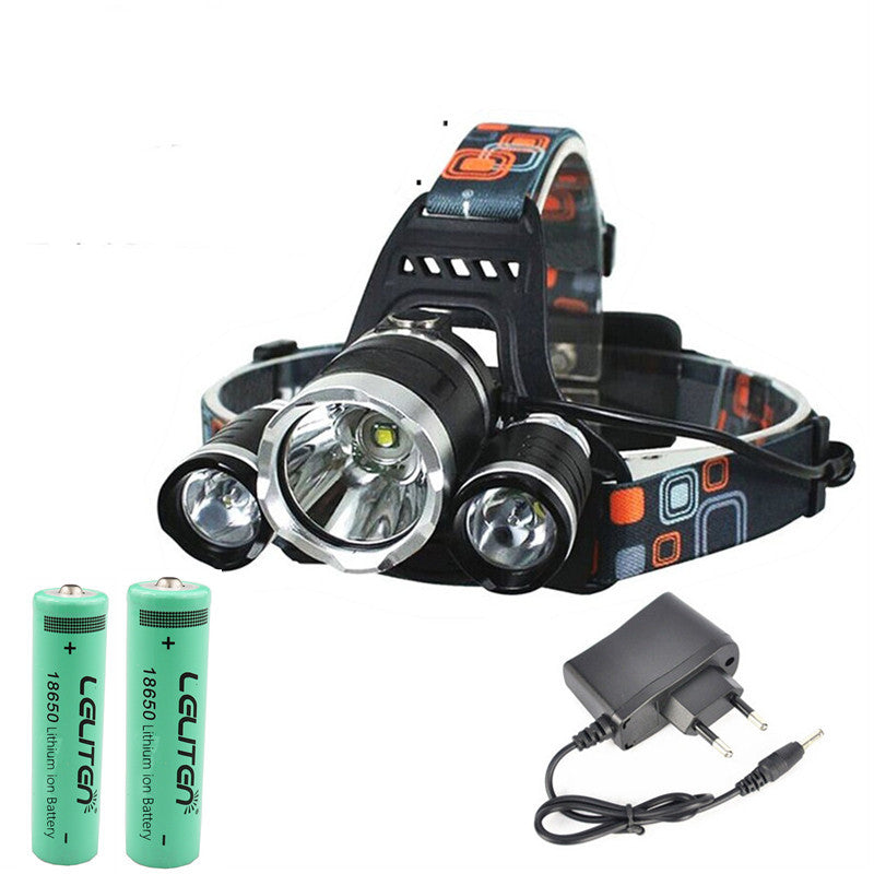 Headlamp with batteries and charger on a white background