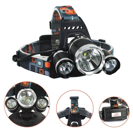 Headlamp with multiple lights and attachments on a white background