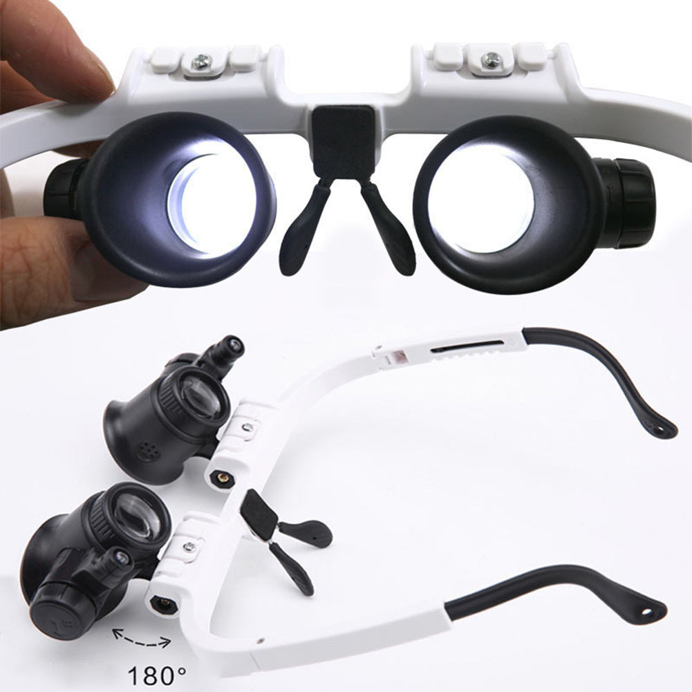 White magnifying glasses with black lenses and headband on a white background