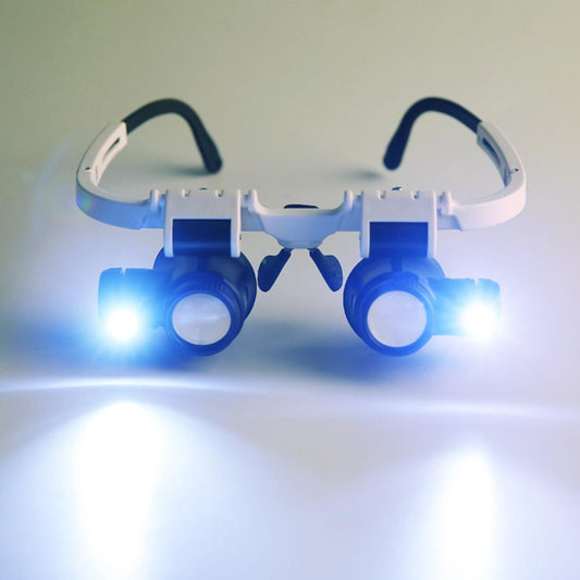 Eyeglasses with blue lights on a white background