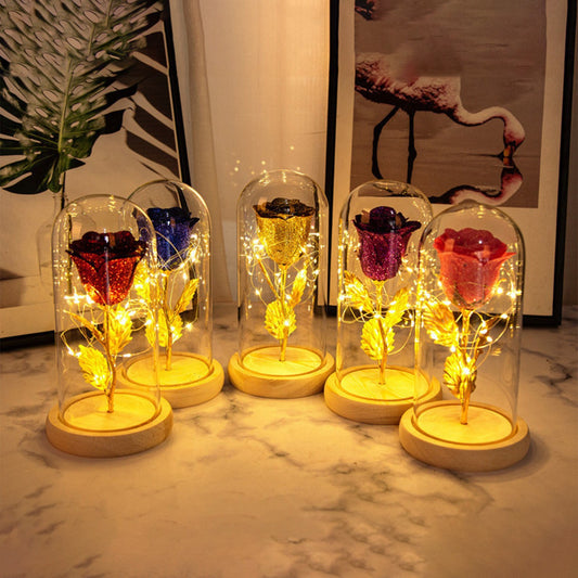 Five LED rose lights in glass domes on a marble surface with decorative background