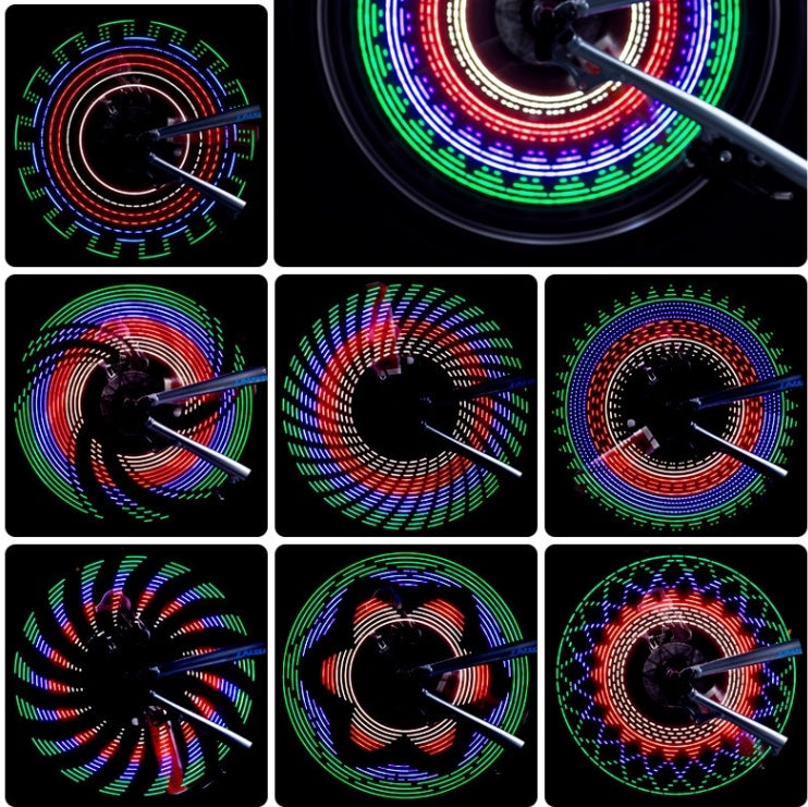“Grid showing 9 different LED wheel light patterns for bicycles”
