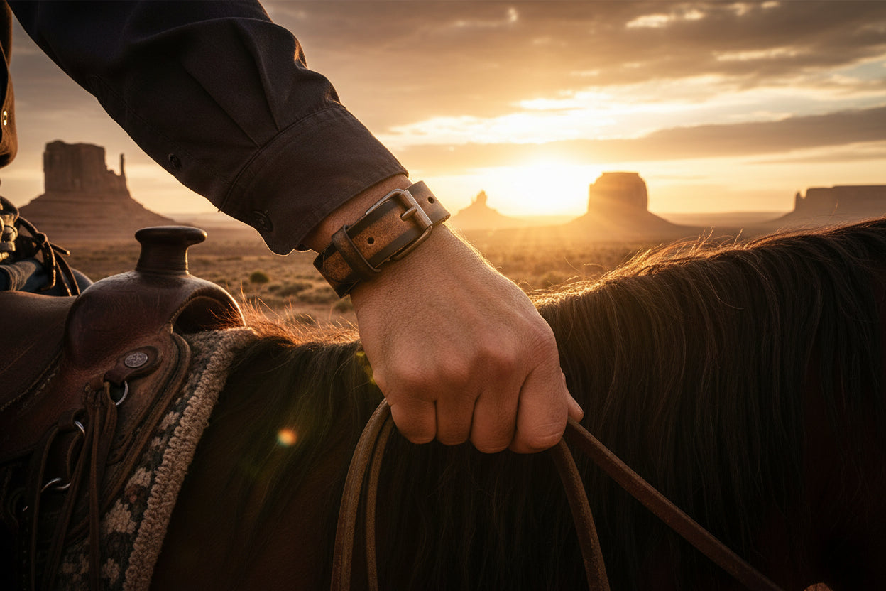 Black and brown leather bracelet on a mans wrist