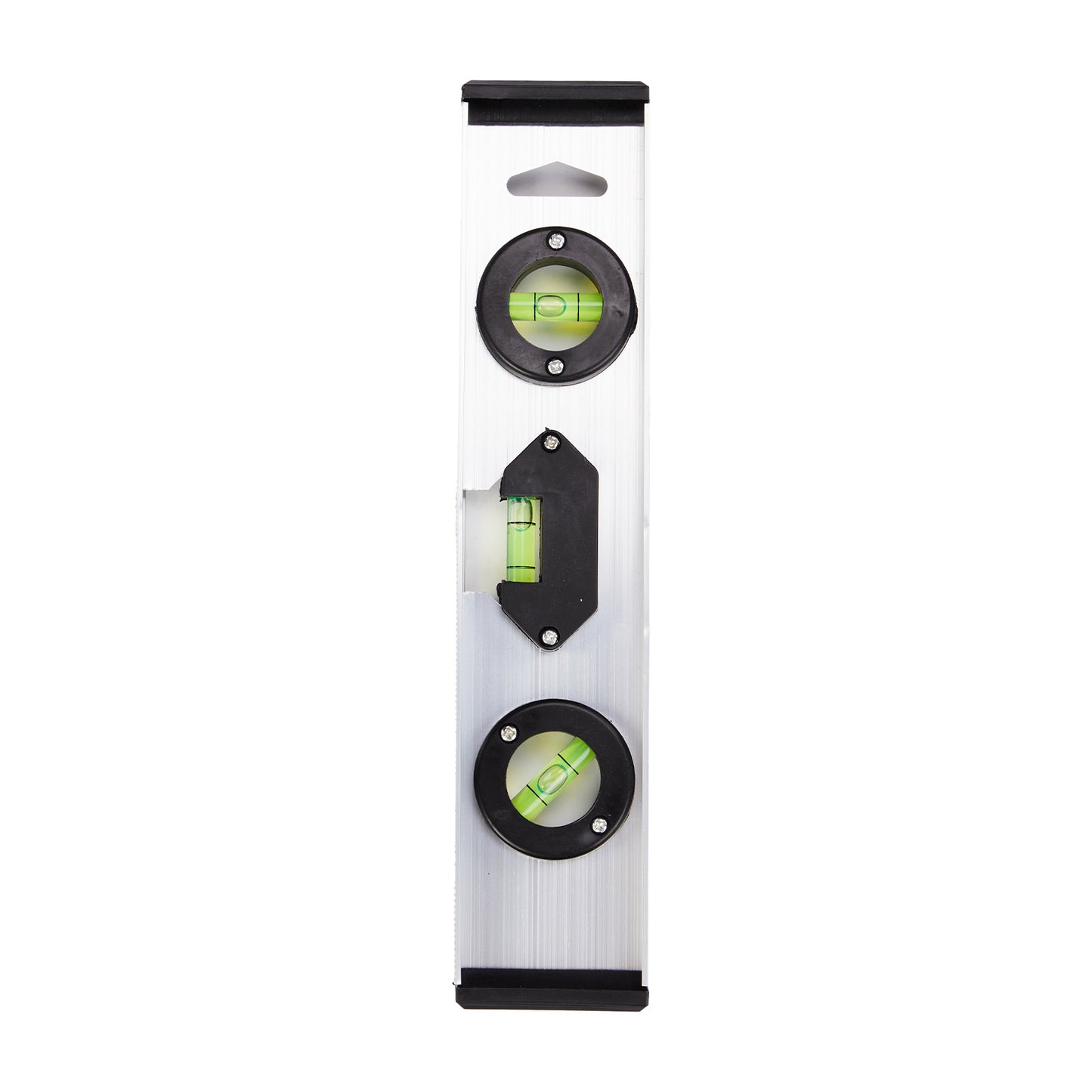 Vertical spirit level with two bubble indicators on a white background